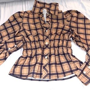 Plaid Puff Sleeve Shirred Blouse